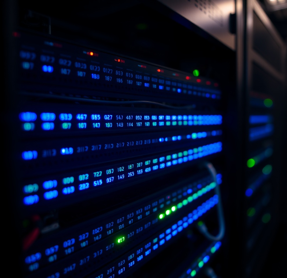 StatusPulse monitoring a rack of enterprise servers with live uptime dashboards displayed on wall-mounted monitors